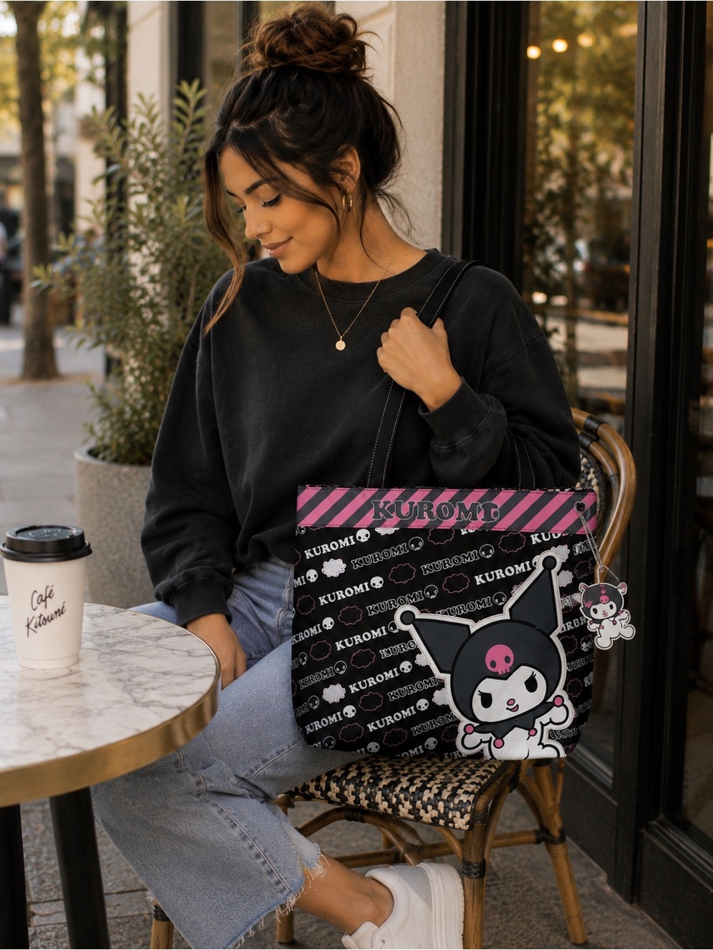 New Sanrio Kuromi Black & Pink Shoulder Tote Bag Cute Gothic Kawaii Purse | NWT